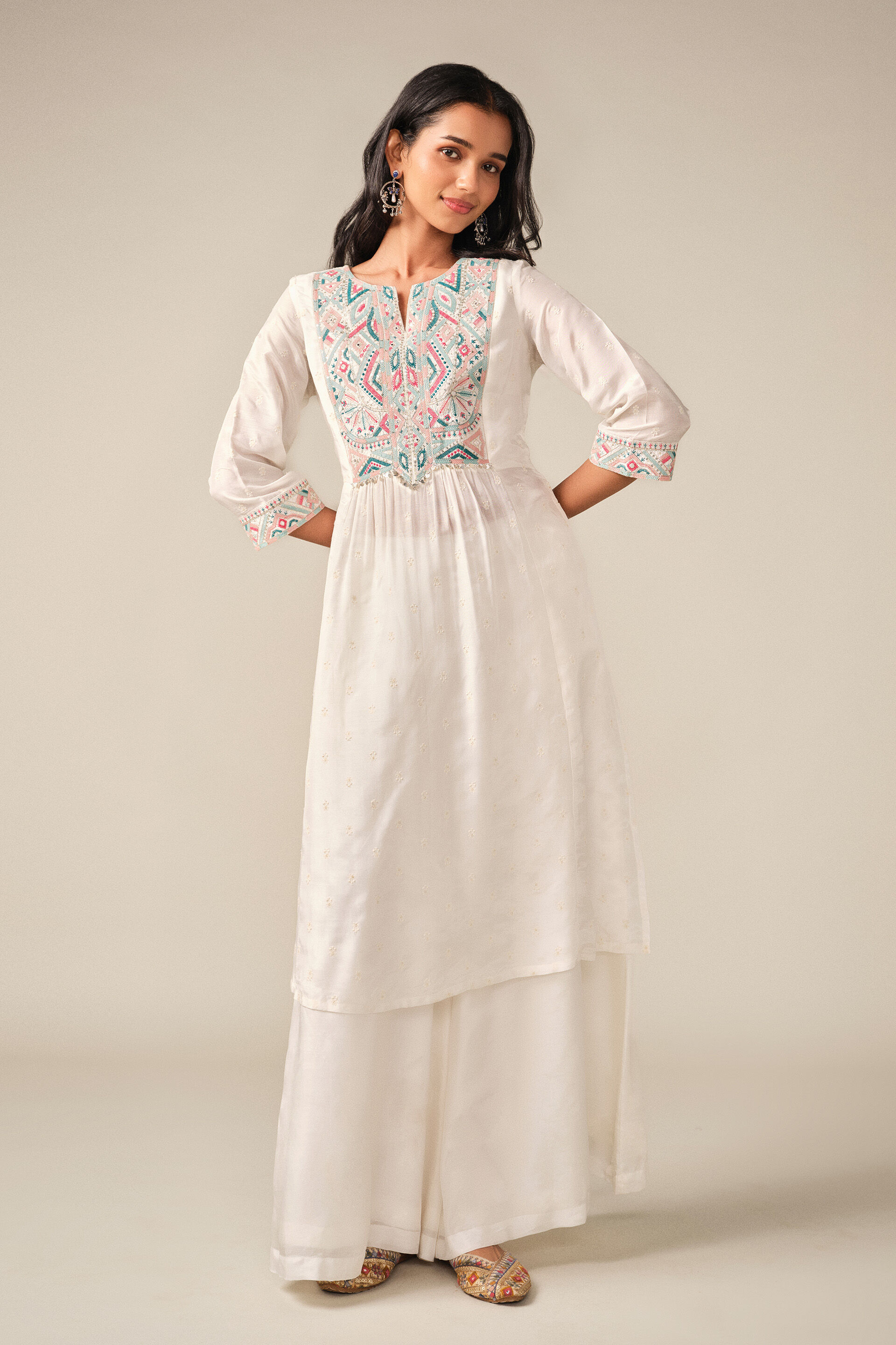 Embroidered Kurta Set in White, White, image 3